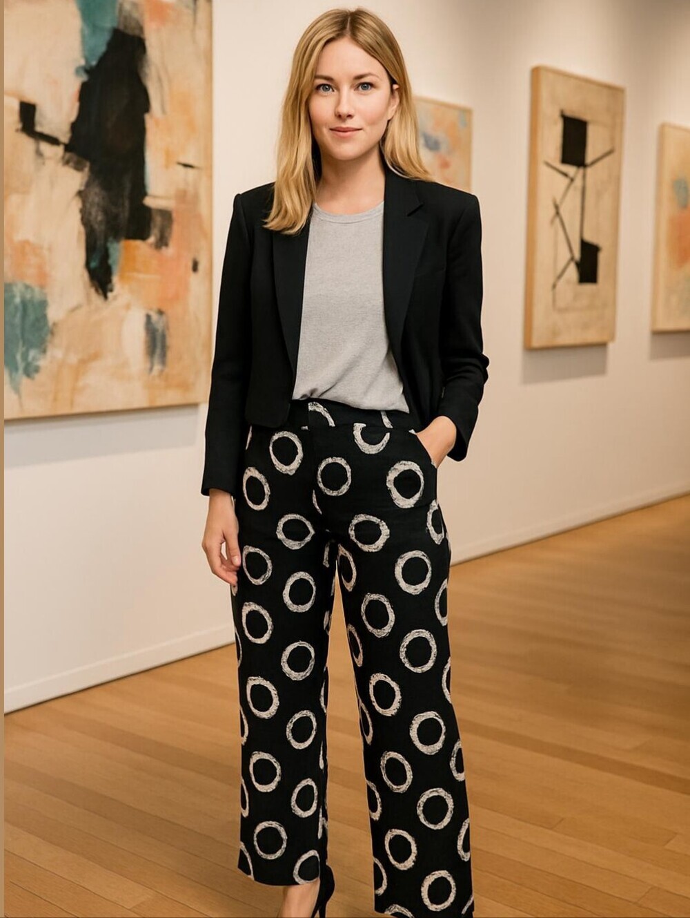 Alembika Black White Wide Leg Punto Pants Cropped Stretch Viscose Size 2 Women